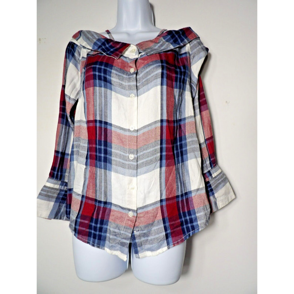 Francesca's Top Blouse Small Off The Cold Shoulder Flannel Plaid Red Blue Soft - Picture 1 of 13